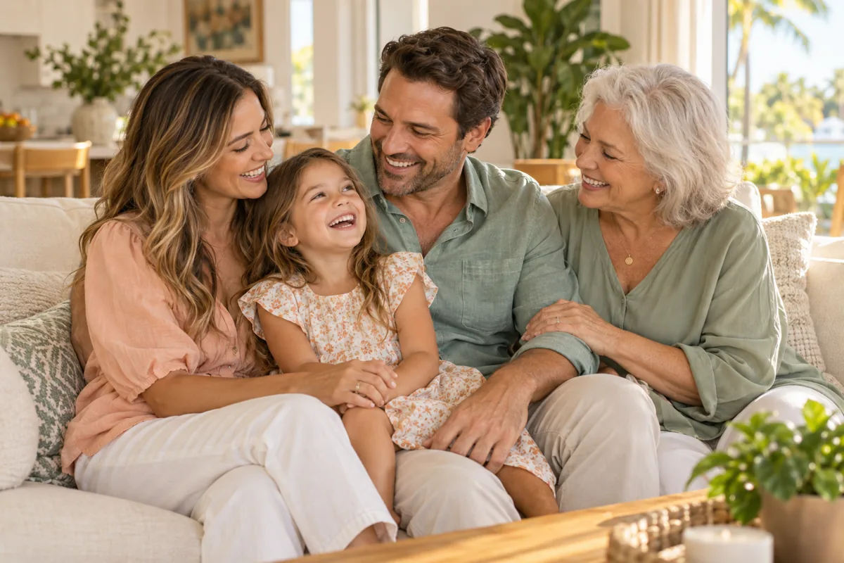 Illustrative image of a smiling family enjoying time together at home