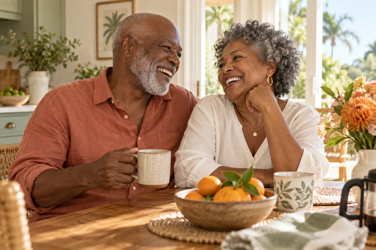 Illustrative image of a happy older couple smiling together at home
